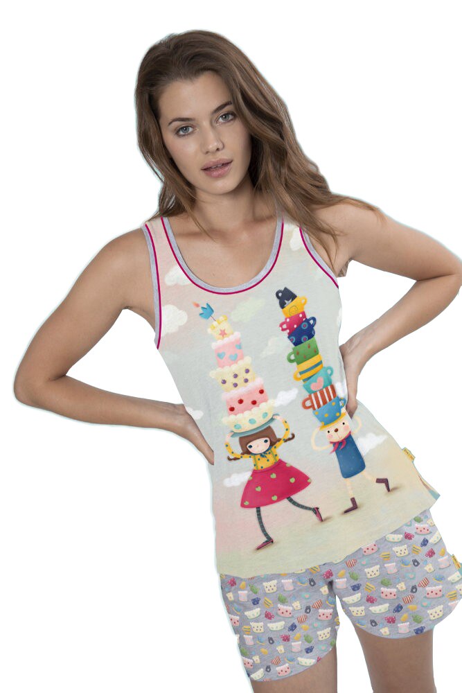 Pijama dama cu maiou Kori Kumi - Tea Party, scurta, bumbac