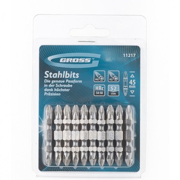 Set biti dubli Рh2-Рz2 х 45 mm, otel S2, 10 buc, GROSS Set biti dubli Рh2-Рz2 х 45 mm, otel S2, 10 buc, GROSS