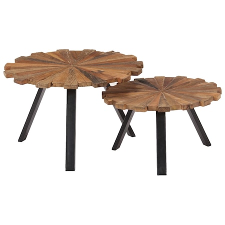 Set de 2 masute rotunde de cafea, vidaXL, Lemn si cadru metalic, Maro