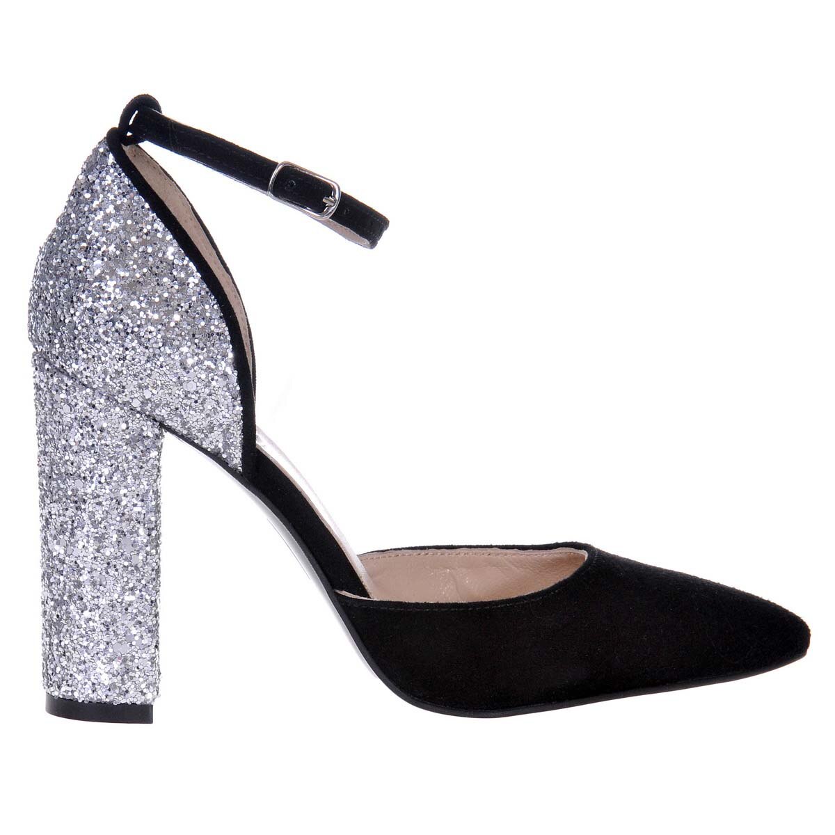Pantofi Dama Stiletto Piele Naturala si Glitter, Negru