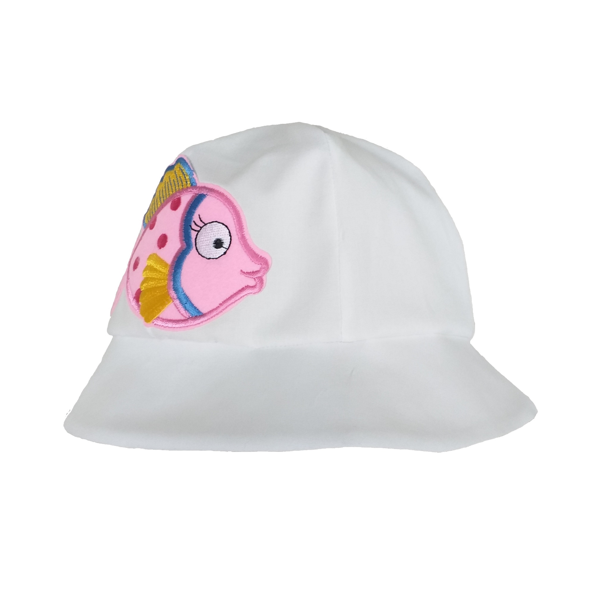 Palarie de vara Mic Pitic din bumbac cu broderie peste, alb cu bleu, Alb/ Roz, 46 cm