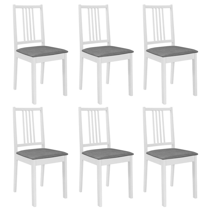 Комплект 6 стола Zakito Europe, масивно дърво, с възглавница, бяло-сиви, 40x49x88,5 см