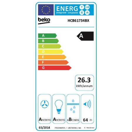 Hota incorporabila decorativa Beko HCB61734BX, Putere de absorbtie 680 mc/h, 1 motor, 60 cm, Inox