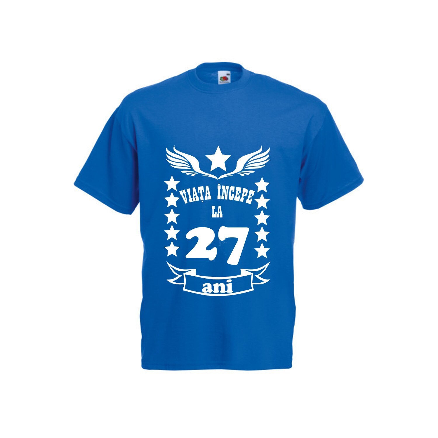 Tricou barbatesc personalizat viata incepe la 27 ani albastru L