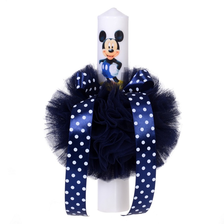 Lumanare botez pentru baietel cu tul bleumarin si fundita cu buline Erfi® 34