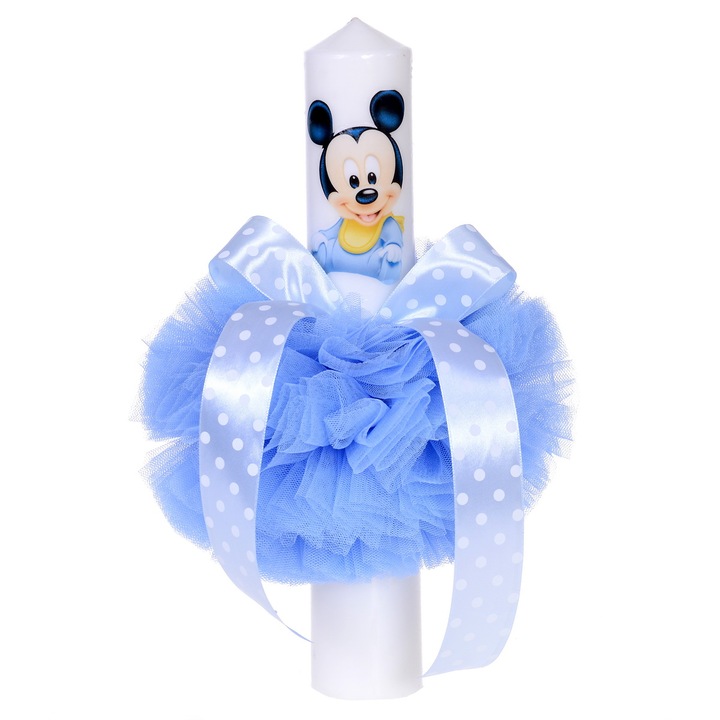 Lumanare botez dragalasa pentru baietel cu tul bleu si fundita cu buline Erfi® 39