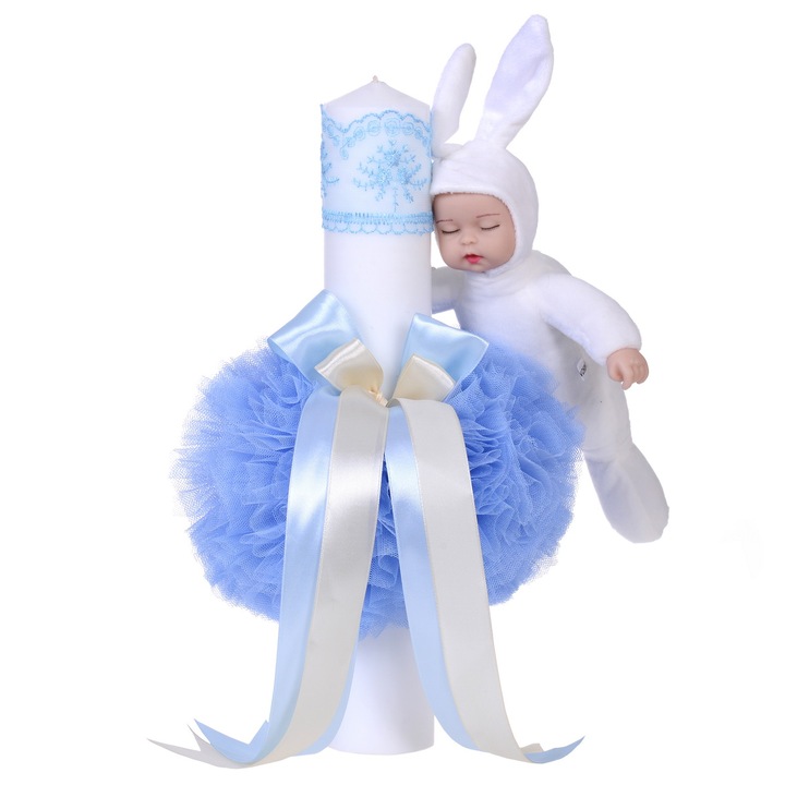 Lumanare botez bleu cu tul si jucarie iepuras Erfi® 46