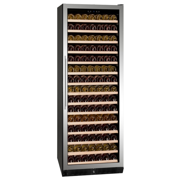 Racitor de vin incorporabil/de sine statator, Dunavox, DX-194.490SSK, 194 sticle, 1 zona de temperatura, rama usa inox, rafturi pe glisiere, lat 66 cm, inalt 184 cm