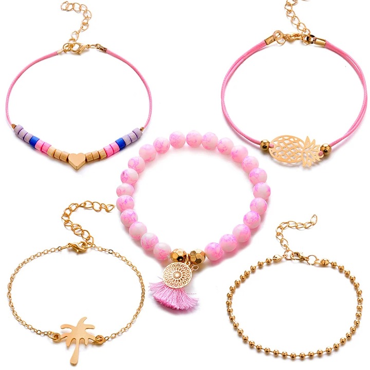 Set de 5 bratari roz, inima, ciucuri, palmier, ananas, bile