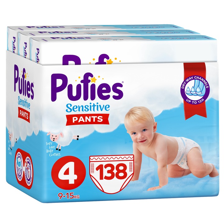Scutece-chilotel Pufies Pants Sensitive Maxi, Marimea 4, 9-15 kg, 138 buc