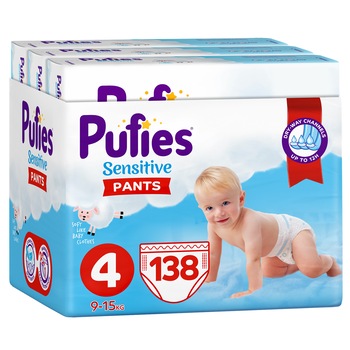 Scutece-chilotel Pufies Pants Sensitive Maxi, Marimea 4, 9-15 kg, 138 buc Scutece-chilotel Pufies Pants Sensitive Maxi, Marimea 4, 9-15 kg, 138 buc