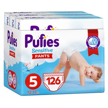 Scutece-chilotel Pufies Pants Sensitive Junior, Marimea 5, 12-17 kg, 126 buc Scutece-chilotel Pufies Pants Sensitive Junior, Marimea 5, 12-17 kg, 126 buc