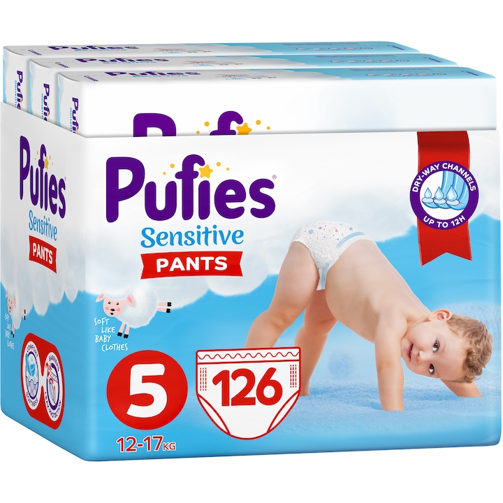 Pufies Pants Sensitive Junior Bugyipelenka, 5-ös méret, 12-18 kg, 126 darab