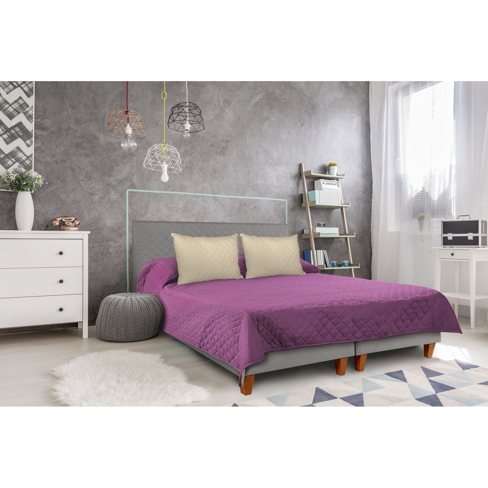 Cuvertura matlasata cu 2 fete Alcam, microfibra, 210 x 220 cm, Lila/Crem