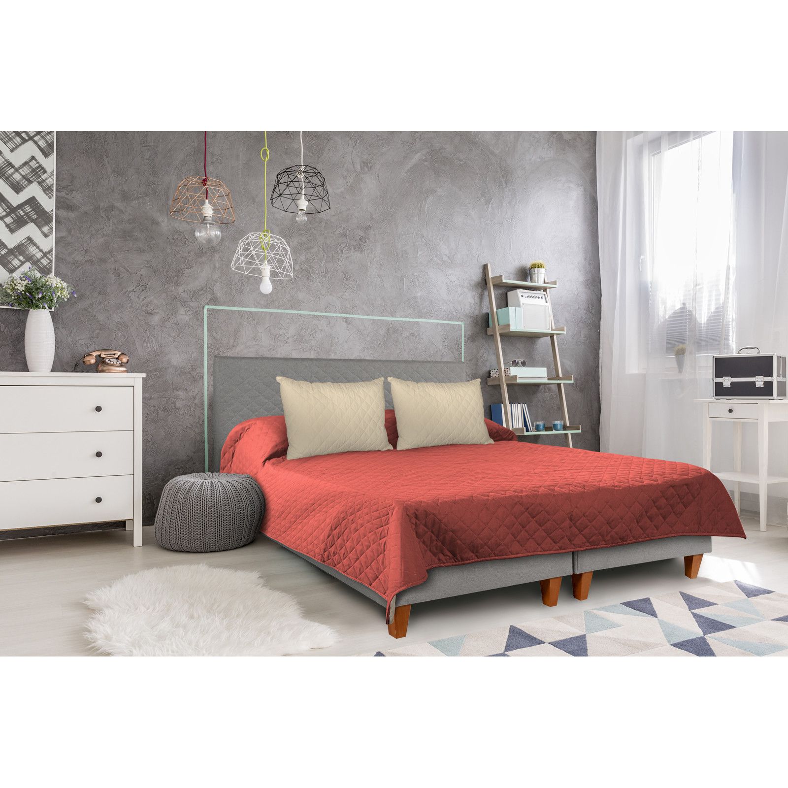 Cuvertura matlasata cu 2 fete Alcam, microfibra, 210 x 220 cm, corai/vanilie