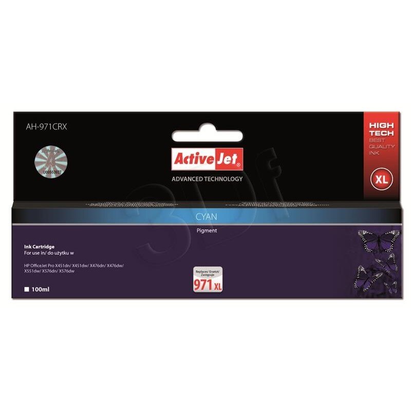 Cartus compatibil HP 971 XL Cyan pentru HP CN626AE, 100 ml, Premium Activejet, Garantie 5 ani