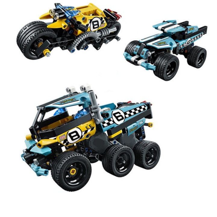 Set constructie masini de teren,Decool Stunt Truck, galben-albastru, 140-142+ piese