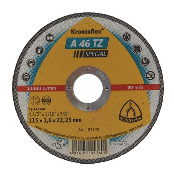 Disc debitare inox, Klingspor A 46 TZ Special, 115 x 22.23 x 1.6 mm Disc debitare inox, Klingspor A 46 TZ Special, 115 x 22.23 x 1.6 mm