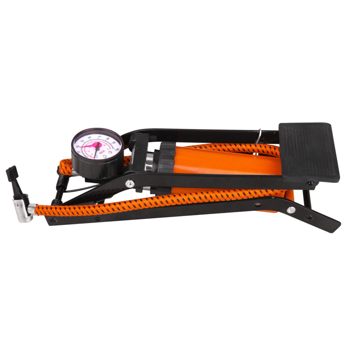 Pompa de picior cu manometru profesionala Evotools, umflare precisa pana la 7 bar, corp din otel cu talpa antiaderenta, compatibila cu valvele auto SCHRADER