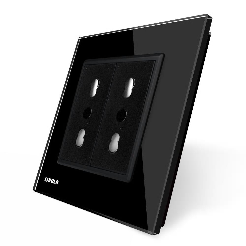 Priza dubla module inguste Livolo cu rama din sticla - standard german, Negru