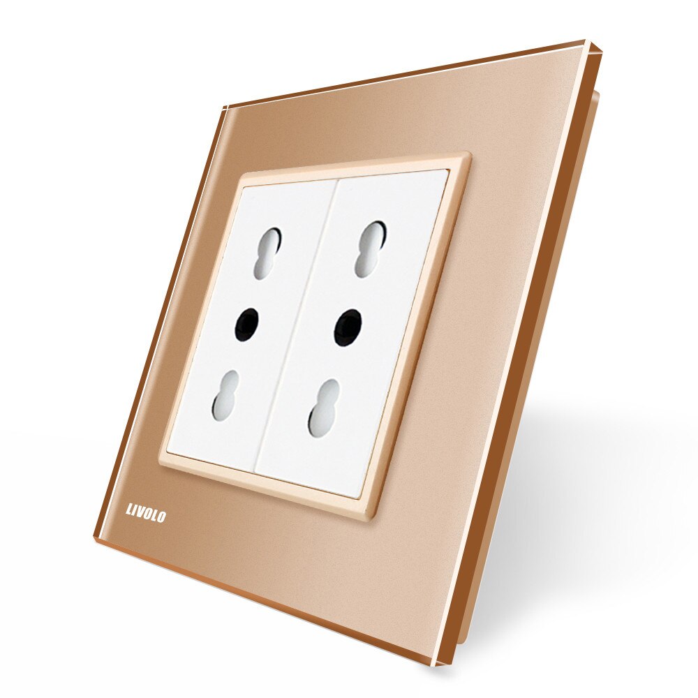 Priza dubla module inguste Livolo cu rama din sticla - standard german, Auriu