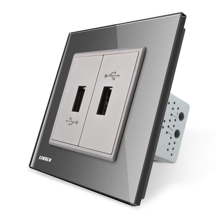 Двоен USB контакт Livolo, Стъклена рамка, Сив
