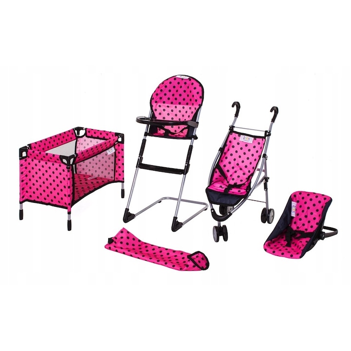 ISP Baby Carry Utazókészlet játékbabák számára, asztali székkel, babakocsival, huzattal és kisággyal, fekete / rózsaszín