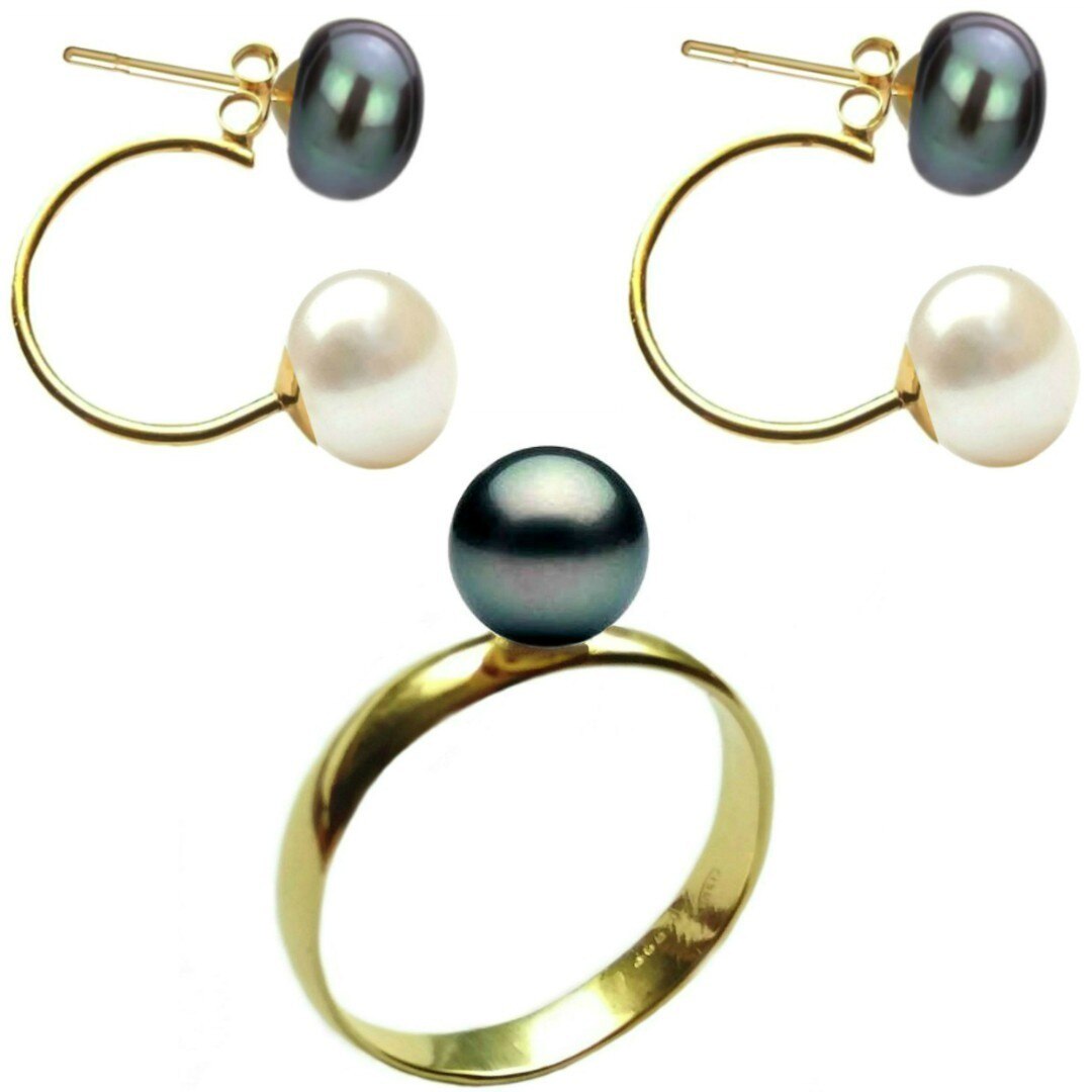 Set Aur Cercei Dubli Multicolori cu Inel cu Perla Naturala Premium Neagra de 8 mm, marimea 20,6 mm