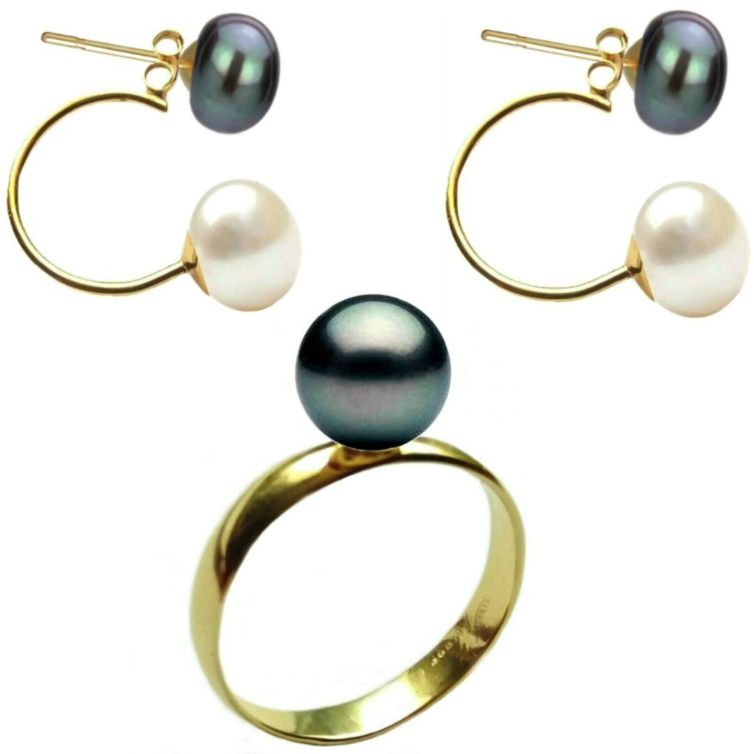Set Aur Cercei Dubli Multicolori cu Inel cu Perla Naturala Premium Neagra de 10 mm, marimea 16,5 mm
