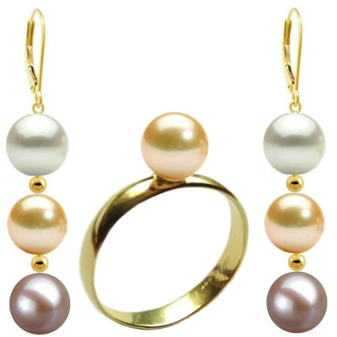 Set Aur Cercei Tripli Multicolori si Inel cu Perla Naturala Premium Crem de 8 mm, marimea 19,8 mm
