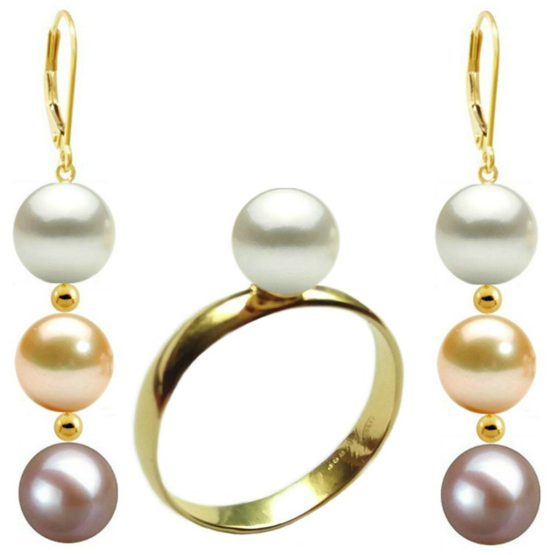 Set Aur Cercei Tripli Multicolori si Inel cu Perla Naturala Premium Alba de 8 mm, marimea 20,6 mm