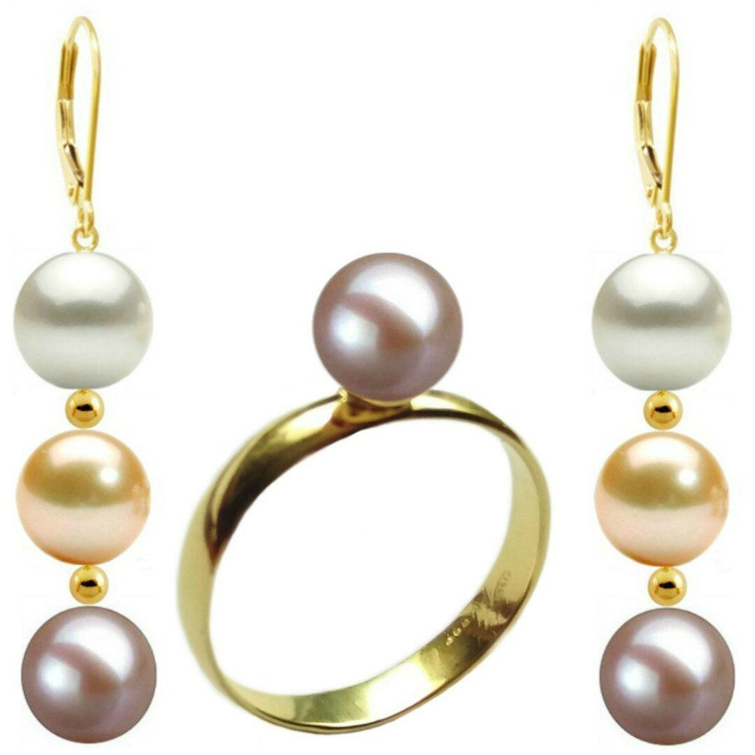 Set Aur Cercei Tripli Multicolori si Inel cu Perla Naturala Premium Lavanda de 8 mm, marimea 20,6 mm