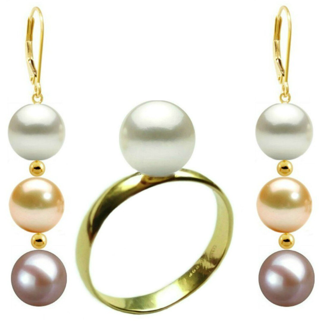 Set Aur Cercei Tripli Multicolori si Inel cu Perla Naturala Premium Alba de 10 mm, marimea 19,8 mm