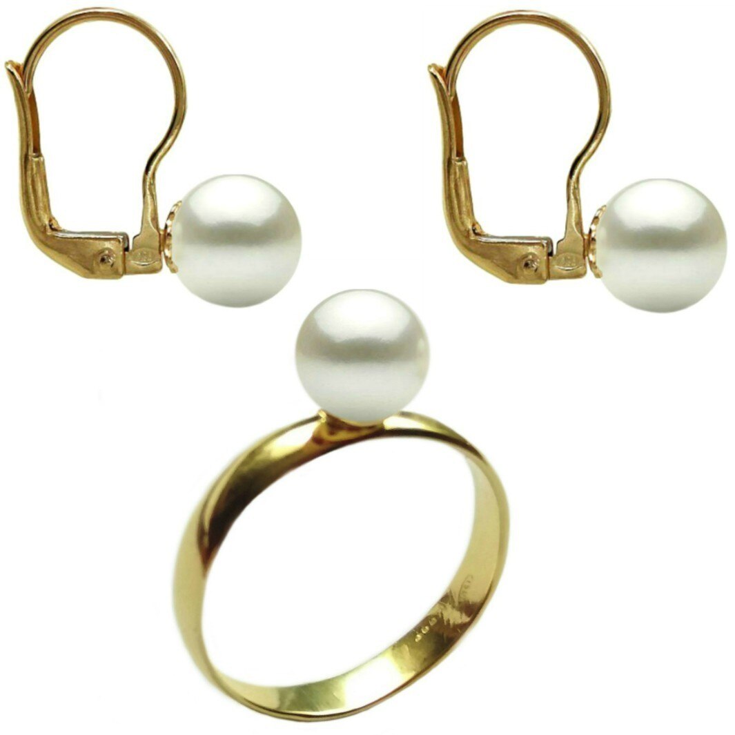 Set Aur Cercei cu Tortita si Inel cu Perle Naturale Premium Albe de 8 mm, marimea 16,5 mm