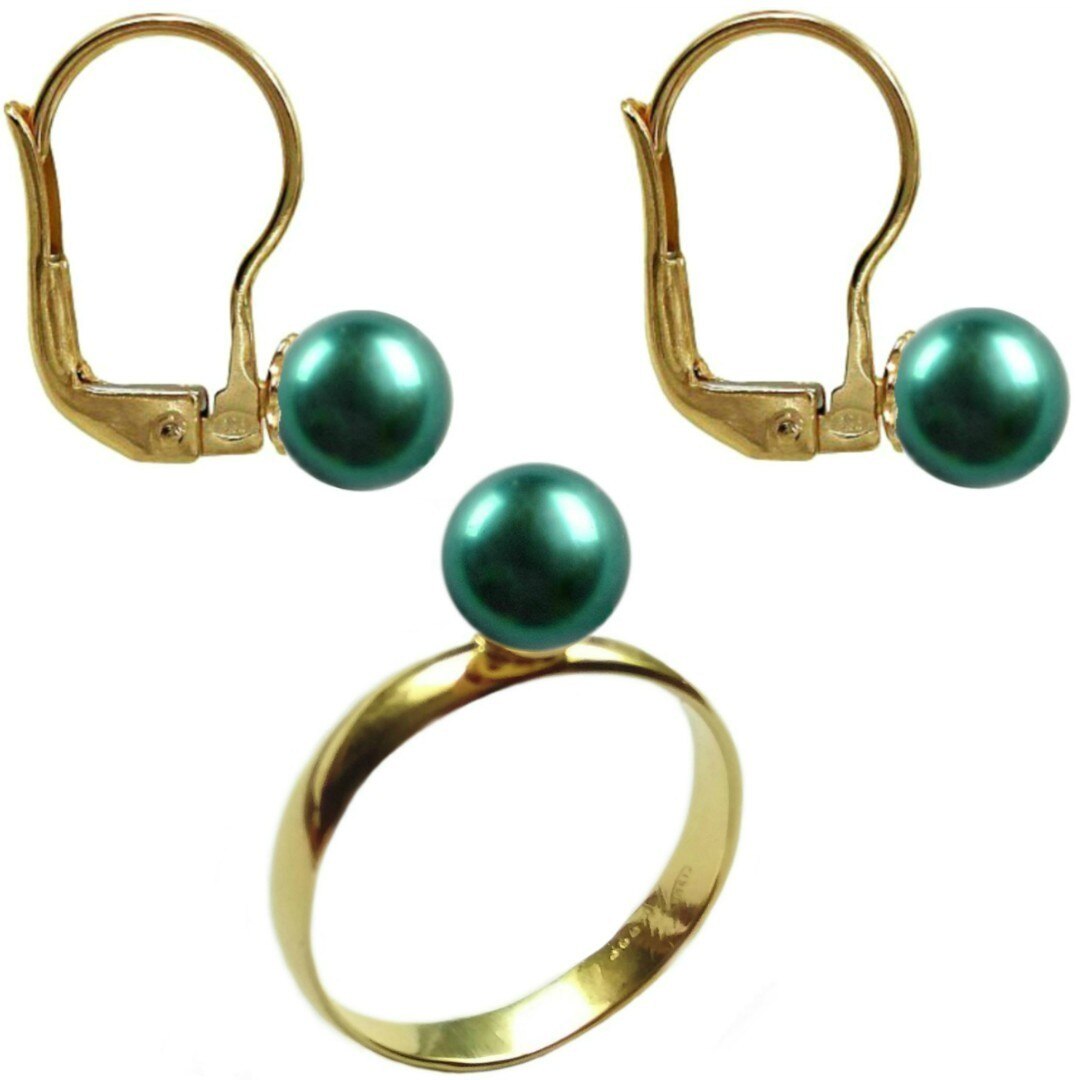 Set Aur Cercei cu Tortita si Inel cu Perle Naturale Premium Verde Smarald de 8 mm, marimea 18,9 mm