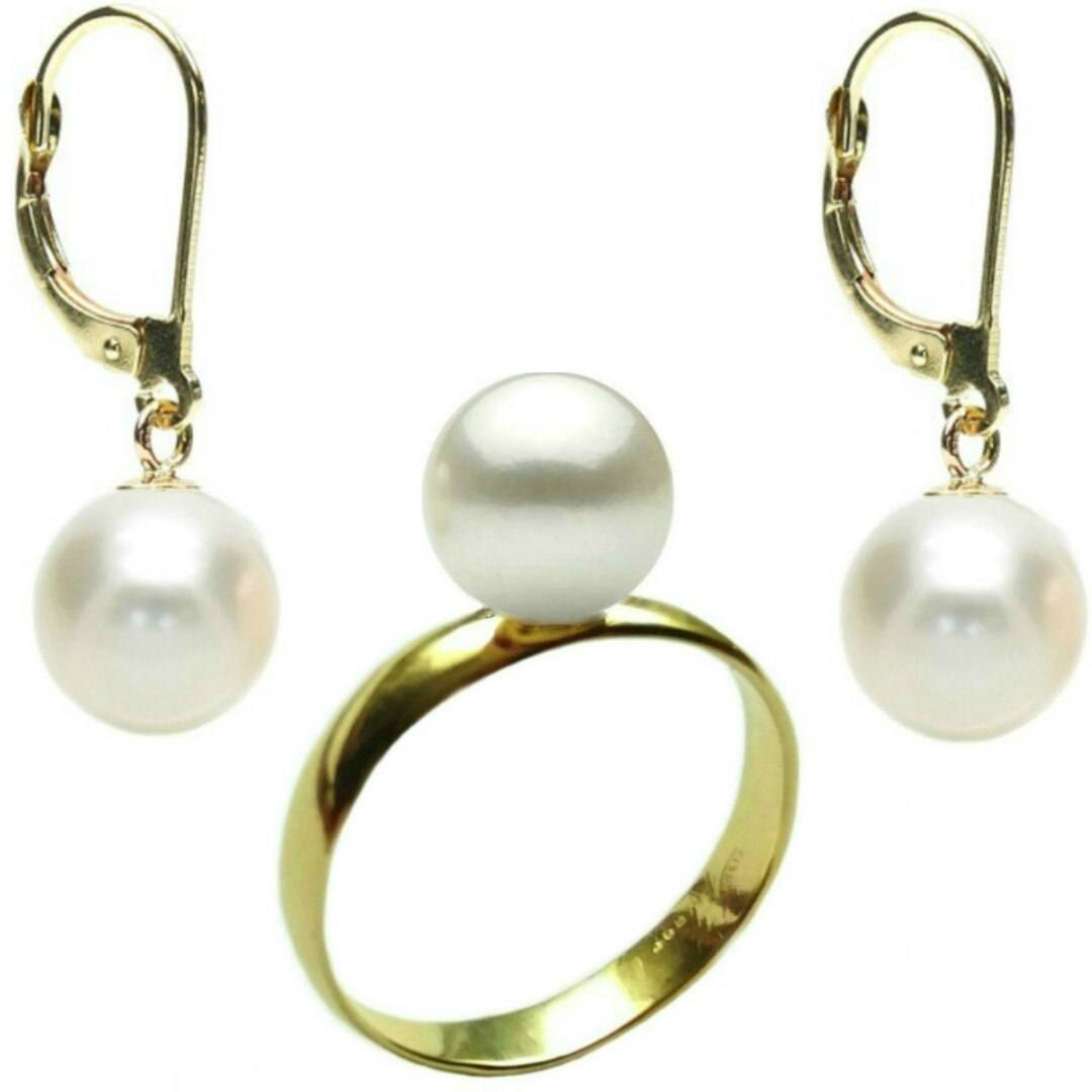 Set Aur Cercei cu Tortita si Inel cu Perle Naturale Premium Albe de 10 mm, marimea 18,9 mm