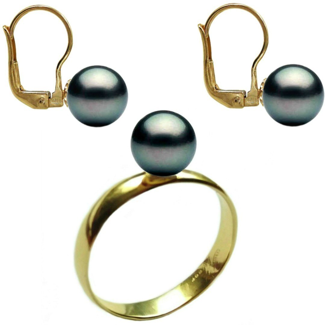 Set Aur Cercei cu Tortita si Inel cu Perle Naturale Premium Negre de 8 mm, marimea 18,9 mm