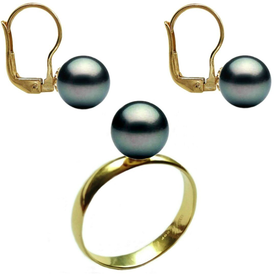 Set Aur Cercei cu Tortita si Inel cu Perle Naturale Premium Negre de 10 mm, marimea 16,5 mm