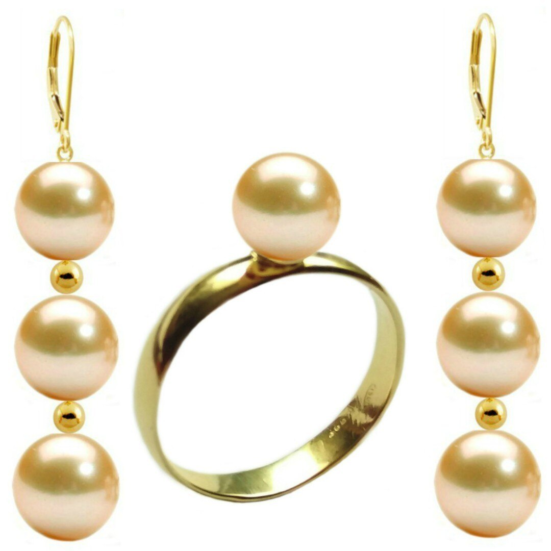 Set Aur Cercei Tripli si Inel cu Perle Naturale Premium Crem de 8 mm, marimea 22,2 mm