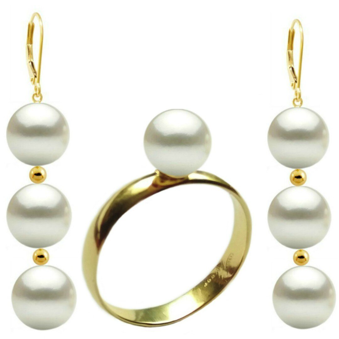 Set Aur Cercei Tripli si Inel cu Perle Naturale Premium Albe de 8 mm, marimea 15,7 mm