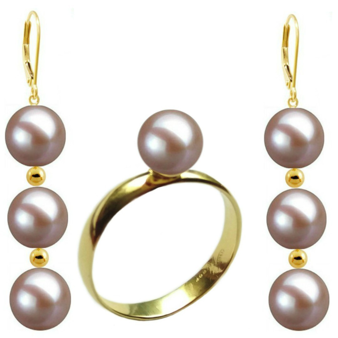 Set Aur Cercei Tripli si Inel cu Perle Naturale Premium Lavanda de 8 mm, marimea 20,6 mm