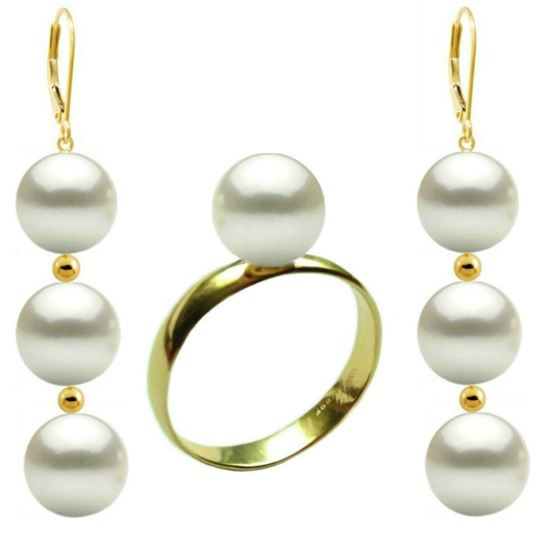 Set Aur Cercei Tripli si Inel cu Perle Naturale Premium Albe de 10 mm, marimea 18,2 mm