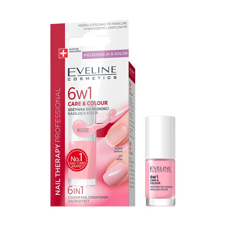 Tratament profesional pentru unghii, Eveline Cosmetics, Care & Colour 6w1, Rose, 5 ml