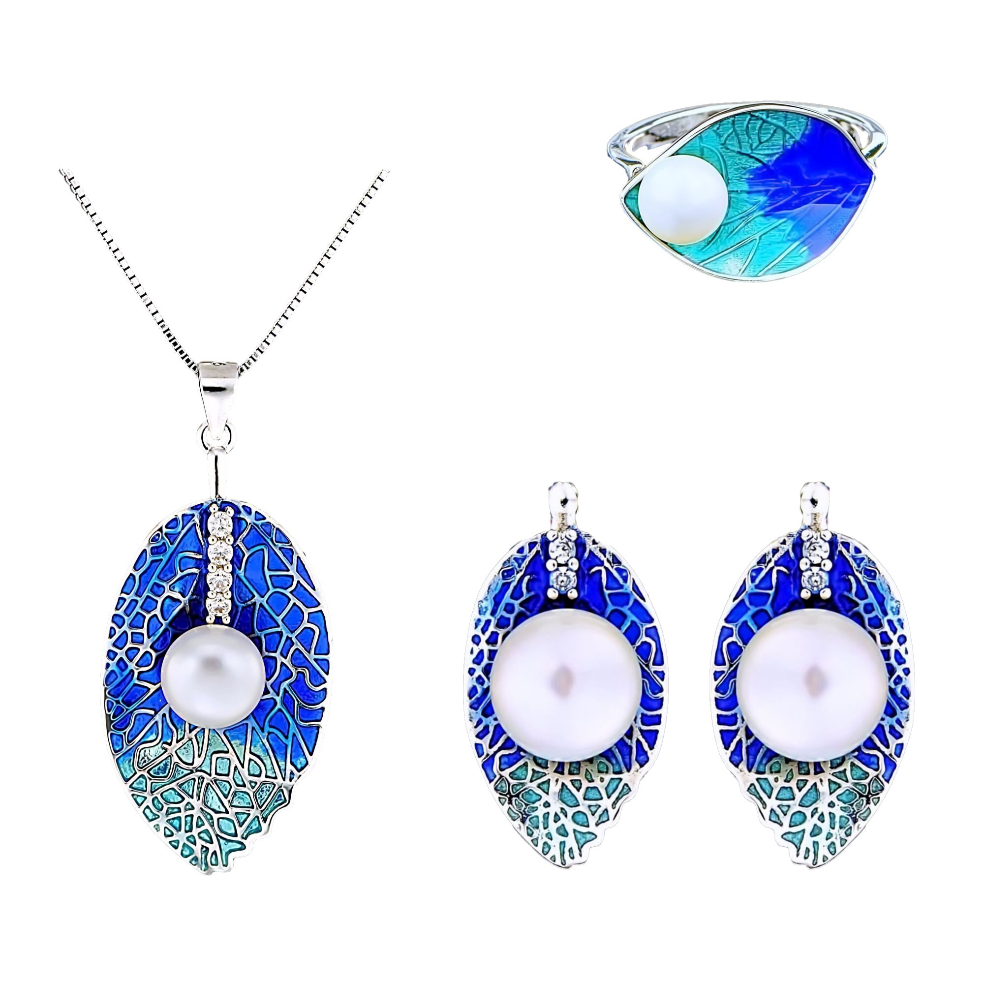 Set din Argint 925 cu Perle Naturale si Diamante, Azure