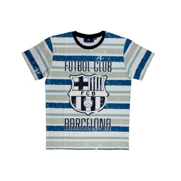 Tricou inscriptionat, FC Barcelona, bumbac, cu dungi, Alb/Albastru/Gri