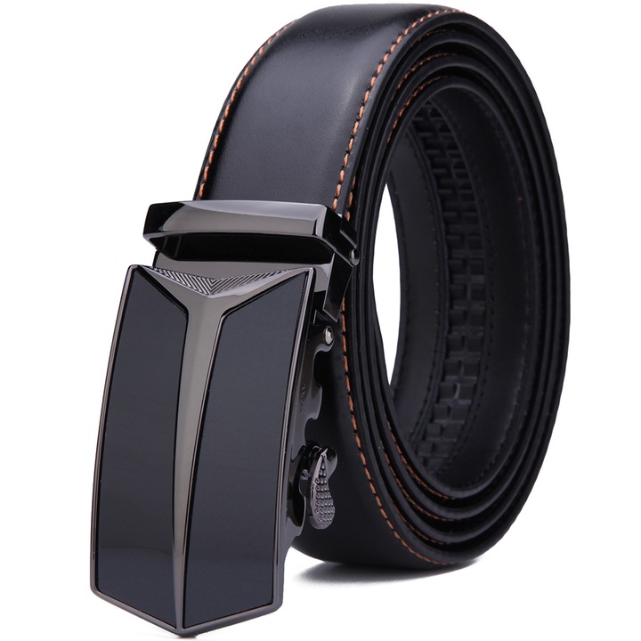 Curea din piele Nelbons, cu inchidere automata, latime 3,5 cm, Negru