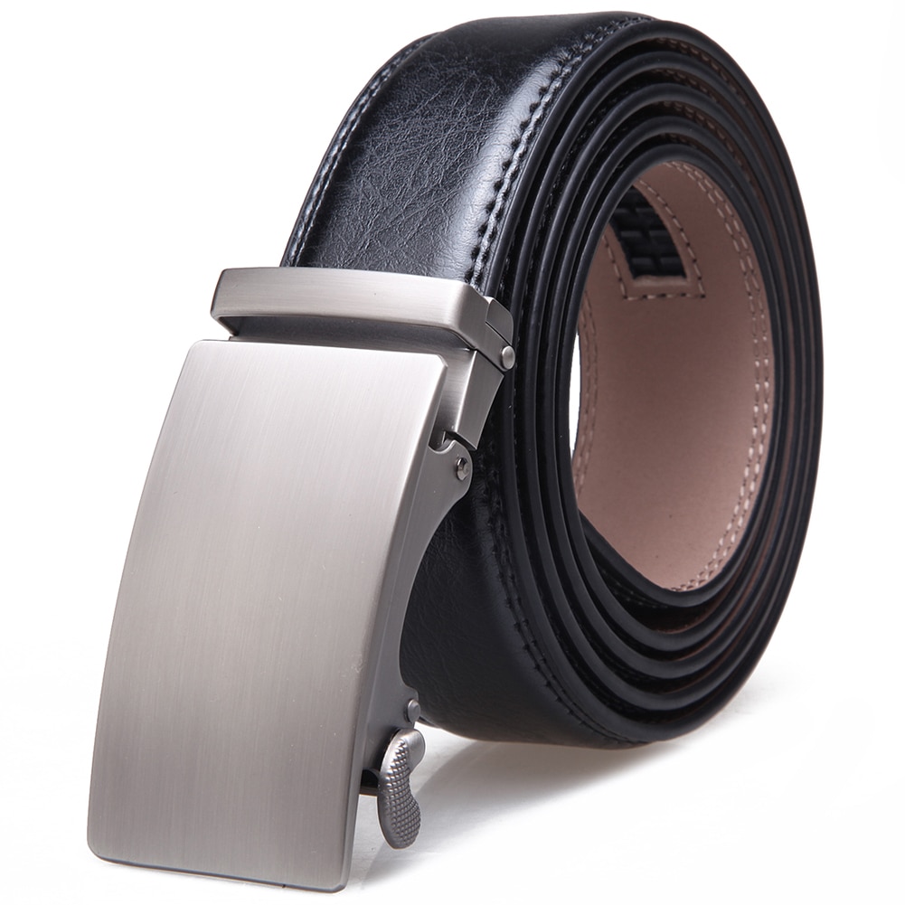 Curea din piele, Nelbons , cu inchidere automata, catarama argintie, latime 3,5 cm, Negru