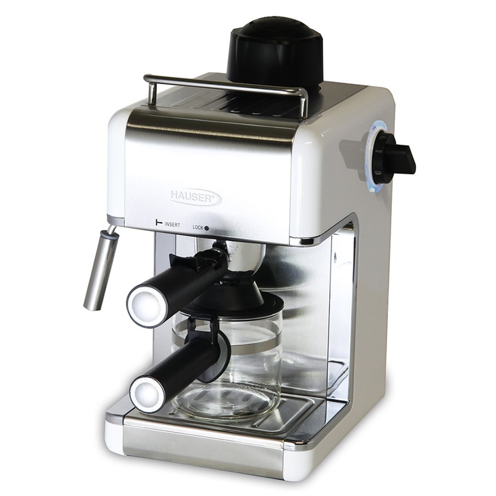 Hauser CE-929W kávéfőző, Eszpresszó kávé és cappuccino készítés, 4 csésze kapacitás, Gőzölő funkció, Kivehető csepegtető tálca, Túlmelegedés elleni védelem, 800W, Fehér