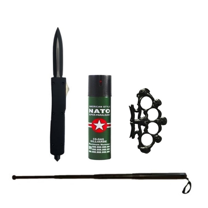 Pachet autoaparare foramt din baston telescopic negru din metal, spray paralizant BRT- 0352, box metalic tip rozeta negru model cap de schelete si cutit automat cu dublu tais clema prindere curea