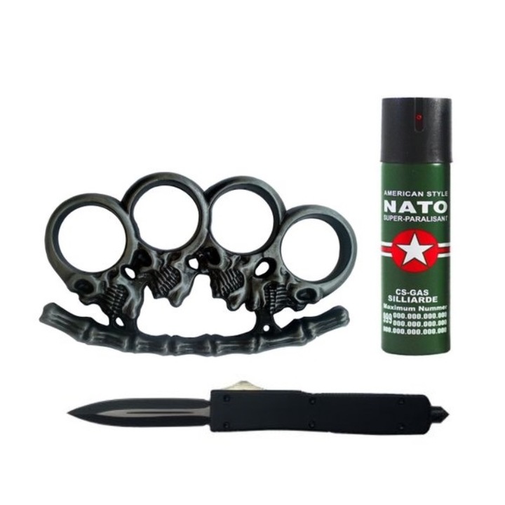 Pachet format din cutit automat cu dublu tais, agatatoare, box metalic tip rozeta Gri Pumnal si spray Nato paralizant 60 ml